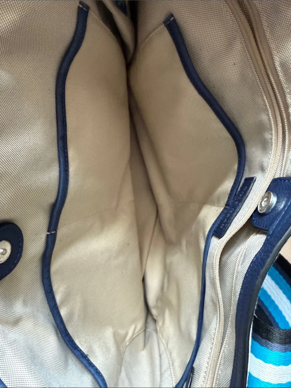 Cole Haan Cream Canvas Tote with Blue and Teal Striped Handles
